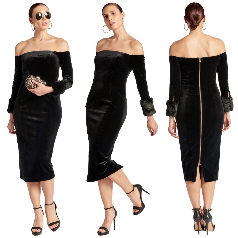 Simona Maghen Joia Dress Velvet Off The Shoulder Long Sleeve Dress Faux Fur Cuff